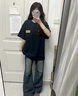 嬌茹妮美式高街半袖純棉寬松T恤女oversize夏季百搭顯瘦短袖情侶裝上衣 藏青色【260克100%純棉重磅】 M 曬單實(shí)拍圖