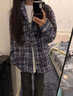 楠笙記美式粗花呢小香風(fēng)外套男高級感痞帥oversize千鳥格刺繡襯衫式夾克 藍(lán)色 XL 曬單實拍圖