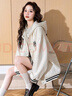 唐獅（TonLion）2025女外套學(xué)院風(fēng)寬松撞色拼接連帽開衫外套 L  米白  曬單實(shí)拍圖
