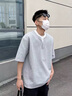 VETECOCOFF短袖t恤男生夏季新款寬松高級感V領(lǐng)半袖上衣服休閑潮流假兩件男裝 麻灰 XL （建議130-150斤） 曬單實(shí)拍圖