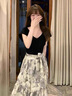 唐菓蜜新款連衣裙女2025夏季女裝韓版時尚百搭氣質(zhì)減齡顯瘦碎花套裝裙子 黑色上衣+碎花裙子 M 曬單實拍圖