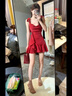 萬(wàn)欣兒法式超仙甜美掛脖露肩連衣裙女2025夏季設(shè)計(jì)感網(wǎng)紗荷葉邊長(zhǎng)袖裙子 杏色 M 建議95-105斤 曬單實(shí)拍圖
