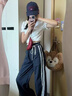 DGOV2025新款藏青色拼接高腰休閑褲女秋季寬松闊腿原宿風(fēng)休閑百搭長(cháng)褲 藏青色（zt） M 【96-110斤】 曬單實(shí)拍圖