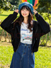 lagogo黑色短款刺繡時(shí)尚衛(wèi)衣女拉谷谷春季新款彈力休閑撞色短外套 黑色(W1) S 曬單實(shí)拍圖