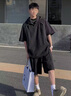 NY-MR【一套】短袖襯衫套裝男夏季日系工裝連帽上衣學(xué)生休閑衣服情侶裝 GS-7050#耀夜黑 XL 曬單實拍圖