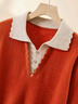 金菊厚款100%純羊毛衫女假兩件秋冬新款翻領(lǐng)套頭撞色毛衣 桔色 2XL  曬單實(shí)拍圖