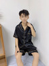 雅鹿睡衣男夏季薄款冰絲短袖短褲2025新款青少年男生可外穿家居服套裝 NSLIG-黑色繡字母男雙短 XL （建議120-140斤） 曬單實(shí)拍圖
