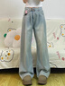 燦圖韓系冰絲直筒牛仔褲女夏季薄款大碼胖mm寬松潮流顯瘦天絲闊腿褲子 淺藍色 M 曬單實(shí)拍圖