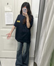 嬌茹妮美式高街半袖純棉寬松T恤女oversize夏季百搭顯瘦短袖情侶裝上衣 藏青色【260克100%純棉重磅】 M 曬單實(shí)拍圖