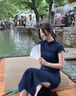 派吉鯊新中式改良旗袍開叉連衣裙女夏季年輕款少女中國風(fēng)氣質(zhì)修身包臀裙 藏青色 S 曬單實(shí)拍圖