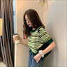 鹿依檸休閑褲女夏季2025新款女裝韓版時(shí)尚百搭減齡學(xué)院風(fēng)顯瘦闊腿褲套裝 綠色條紋上衣+黑色褲子 M 曬單實(shí)拍圖
