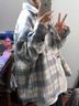 JRET少女范磨毛格子襯衫女春夏小清新學(xué)院風(fēng)上衣內(nèi)搭慵懶襯衣外套學(xué)生 淺藍格 L 110-125斤 曬單實拍圖