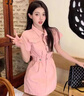 瑞秋兒短袖連衣裙女夏季新款女裝韓版小眾設(shè)計氣質(zhì)收腰顯瘦A字短裙子 粉紅色 S 曬單實拍圖