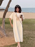 DGOV慵懶風(fēng)短袖連衣裙女2025新款夏裝棉質(zhì)中長(zhǎng)款過(guò)膝t恤裙夏季長(zhǎng)裙子 杏色KO貓 M 建議80-100斤 曬單實(shí)拍圖