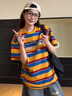 LDBE歐若風(fēng)穿搭韓版條紋短袖t恤女夏季寬松撞色美式復(fù)古上衣設(shè)計感潮 黃拼紅藍條紋 M 【80-100斤】 曬單實拍圖