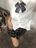 VEOX學(xué)院風(fēng)泡泡袖上衣女白色jk襯衫女女短袖法式別致甜美小眾綁帶襯衫 白色短袖[只有襯衣]無胸針無 S 建議70-95斤 曬單實拍圖