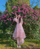 鉑朗尼奧公主裙成人蓬蓬裙拖尾高級甜美生日裙泡泡袖連衣裙海邊沙灘禮服裙 粉紅色 M 曬單實(shí)拍圖