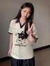 真維斯（JEANSWEST）短袖t恤女裝夏季2025新款爆款poloV領(lǐng)衫正肩撞色寬松純棉翻領(lǐng)上衣 米色 疑問小貓黑 L 曬單實拍圖