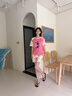 貓人（MiiOW）女士睡衣女純棉帶胸墊透氣7A抑菌防螨短袖短褲套裝可外穿家居服 拼色萌兔 L 100-120斤 曬單實(shí)拍圖