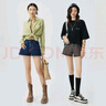 哥弟真的好（GIRDEAR）女裝字母印花高腰純棉牛仔休閑短褲女A100228 深藍 M (3碼) 曬單實(shí)拍圖