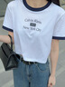 Calvin KleinJeans25夏季女士潮流美式ck印花純棉撞色圓領(lǐng)短袖上衣T恤47B808G VVD-月光白/藏青 M 曬單實(shí)拍圖