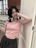 衣然呈品T恤女夏季新款美式高街潮牌粉色方領(lǐng)設計感蝴蝶結抽繩短袖上衣女 粉色 M 【建議90-105斤】 曬單實(shí)拍圖
