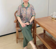 俞兆林韓版大碼顯瘦印花文藝復(fù)古兩件套時(shí)髦棉麻夏季套裝母親節(jié)禮物衣服 綠色上衣+米色褲 L 建議115-130斤 曬單實(shí)拍圖