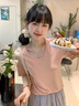 燦圖粉色U領(lǐng)短袖t恤女夏季基礎(chǔ)款純棉半截袖寬松休閑顯瘦小個(gè)子上衣服 粉色 M 曬單實(shí)拍圖
