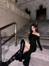 Jret黑色辣妹性感修身一字肩露肩開叉春夏2025新款連衣裙子女包臀長裙 圖片色【長裙/秋冬連衣裙/氣質連 L 55/60kg 曬單實拍圖
