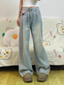 燦圖韓系冰絲直筒牛仔褲女夏季薄款大碼胖mm寬松潮流顯瘦天絲闊腿褲子 淺藍色 M 曬單實(shí)拍圖
