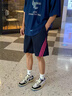 大碼條紋速干短褲男夏美式撞色三條杠直筒沙灘褲子潮牌百搭五分褲 藍色 【二旭D609】 XL 【建議120-130斤】 曬單實(shí)拍圖