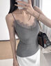 Henny Rue蕾絲吊帶背心女帶胸墊秋冬季含羊毛磨絨內搭法式純欲性感打底上衣 深麻灰 L （建議105-130斤） 曬單實(shí)拍圖