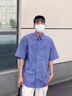 暢登夏季美式復(fù)古寬松格子短袖襯衫男高街潮牌休閑百搭五分袖襯衣外套 藍色 M 曬單實拍圖