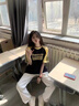 Jret三條桿拼接插肩短袖t恤女夏季情侶美式高街設計小眾上衣 藏青拼黃/版 M 86-105斤 曬單實(shí)拍圖