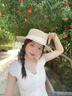 oein草帽女法式平頂草帽女款大頭圍平檐海邊沙灘度假禮帽大碼編織帽 凹頂卡其-黑三折帶 M(56-58cm) 曬單實(shí)拍圖