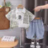 可歆寶貝男童炸街韓版短袖襯衫三件套百搭潮酷帥氣牛仔短褲男寶寶夏季衣服 綠色三件套 90 碼建議1-2歲（身高85左右） 曬單實(shí)拍圖