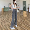 夢(mèng)琪嵐設(shè)計(jì)感小眾綁帶牛仔褲女2025春夏高腰寬松直筒高街ins潮闊腿褲子 黑灰色 M 建議95斤-105斤 曬單實(shí)拍圖