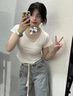 PMOG美式高街星星刺繡牛仔褲女秋季hiphop寬松顯瘦高腰毛邊直筒拖地褲 淺藍色 優(yōu)質(zhì)款現貨 L 曬單實(shí)拍圖