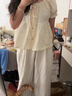 JRET法式甜美蕾絲邊娃娃衫短袖襯衫女夏季別致修身顯瘦泡泡袖方領(lǐng)上衣 米色 L 曬單實(shí)拍圖