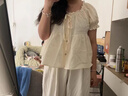 JRET法式甜美蕾絲邊娃娃衫短袖襯衫女夏季別致修身顯瘦泡泡袖方領(lǐng)上衣 米色 L 曬單實(shí)拍圖