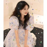 PMOG法式茶歇氣質(zhì)小清新甜美泡泡袖連衣裙女2024夏季新款碎花連衣裙 藍色 M 曬單實拍圖