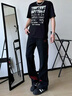 魯雅爾斜杠三條紋拼接牛仔褲男夏季美式hiphop潮流闊腿褲高街港風(fēng)長(zhǎng)褲子 黑色 XL 曬單實(shí)拍圖