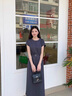 clotho Rennie品牌女裝連衣裙女收腰顯瘦2025夏季新款氣質(zhì)優(yōu)雅簡約短袖圓領(lǐng)裙子 灰色 M 曬單實(shí)拍圖
