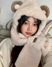 恒源祥圍巾帽子毛絨小熊一體女款2025新款秋冬季手套連帽圍脖騎行三件套 米色[小熊] 頭圍5460cm 曬單實(shí)拍圖