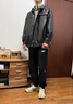 Wassup Sohot夾克外套男秋季美式機車皮服港風(fēng)潮流休閑衣 黑色 XL 曬單實拍圖