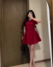 LIZONGXI紅色連衣裙女夏季法式訂婚禮服敬酒服平時可穿紅裙子收腰顯瘦短裙 紅色【短袖短款】 S 【80-100斤】 曬單實(shí)拍圖