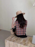 韓璐嬌（hanlujiao）休閑褲女裝夏季2025新款夏裝搭配一整套格子襯衫顯瘦闊腿褲兩件套 格子上衣+藏藍(lán)褲子 M 曬單實(shí)拍圖