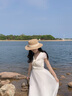 Mandy Zhang法式淡人系白色V領(lǐng)扭結短袖連衣裙女夏輕紗禮服長(cháng)裙子 香草米白 S 曬單實(shí)拍圖