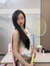 鯊躍淺杏黃羽毛球拍雙拍對拍4U進口全碳素訓練羽毛球拍成人26磅已穿線 1支 淺杏黃 （全碳素）24磅 曬單實拍圖