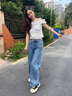 izzue IT復(fù)古水洗高腰牛仔褲女夏季潮流顯瘦寬松闊腿褲子 曬單實(shí)拍圖